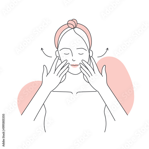 Facial massage with serum. Face care beauty treatment, skincare routine line vector illustration