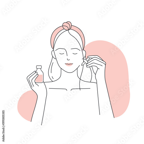 Woman using face serum. Facial treatment cosmetics product, beauty care line vector illustration
