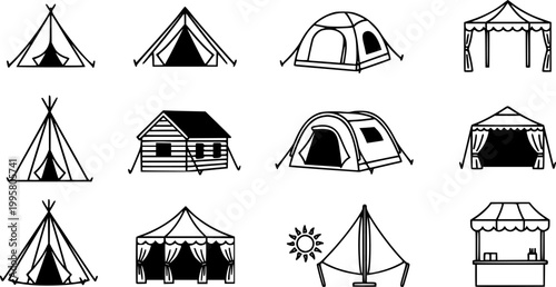 Collection of diverse tent and canopy icons for outdoor events and camping adventures
