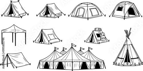 Collection of diverse tent and canopy icons for outdoor events and camping adventures
