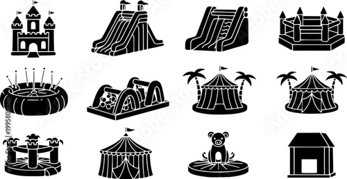 Bounce house icons set multiple style collection. Editable stroke vector silhouette illustration isolated on white background.
