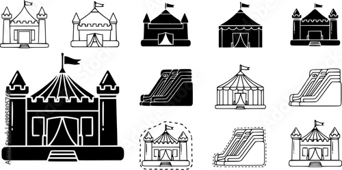Bounce house icons set multiple style collection. Editable stroke vector silhouette illustration isolated on white background.
