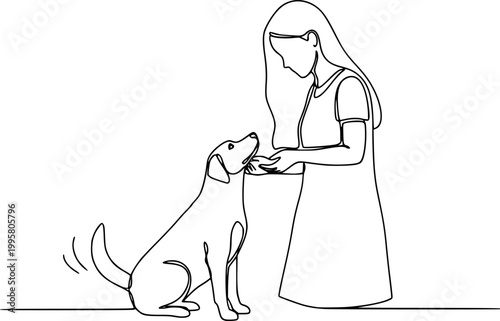Girl with a dog in continuous line art drawing style. Pet lover black linear sketch isolated on white background. Vector illustration

