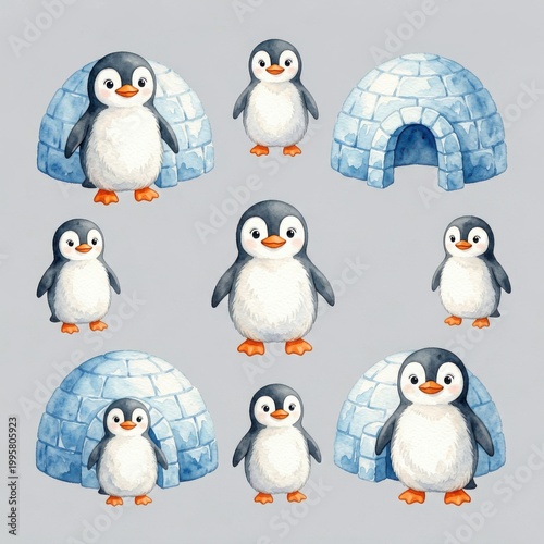 Adorable Penguins Near Ice Igloos in Winter Setting