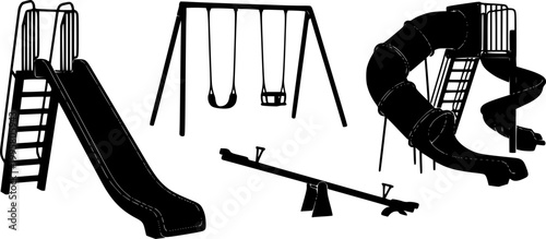Playground equipment silhouette, slide, swing, seesaw, tube slide, spiral slide, park structure, recreation, cad drawing flat vector illustration
