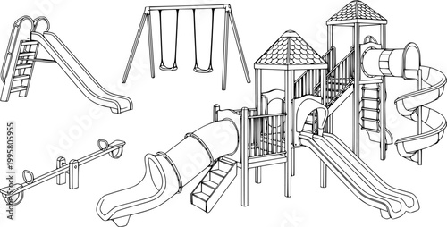 Playground equipment silhouette, slide, swing, seesaw, tube slide, spiral slide, park structure, recreation, cad drawing flat vector illustration
