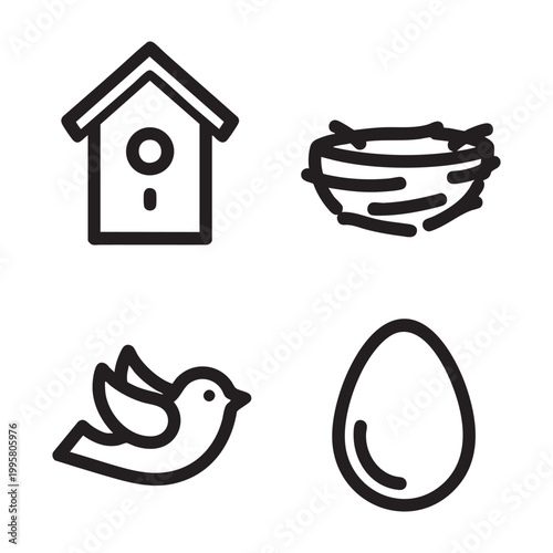 Nature Bird Bold Line Art set with Birdhouse Nest Bird Egg