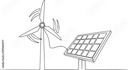 Continuous one line drawing of wind turbine and Solar panel vector illustration. Editable outline
