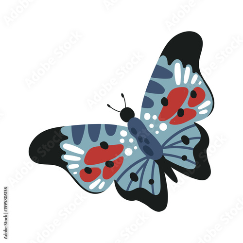 Cartoon colorful hand drawn butterfly flying vector illustration isolated