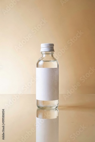 Clear Glass Bottle with Blank Label on Reflective Surface