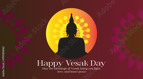 Elegant Vesak Day celebration banner with inspirational quote, featuring traditional Buddhist symbols and a modern minimalist border.