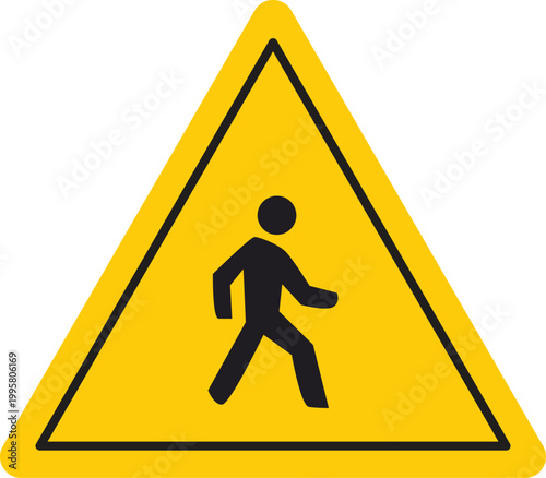 Yellow warning triangle sign with a black pedestrian symbol representing a pedestrian crossing or caution area isolated on white background
