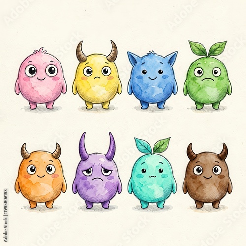 Cute Cartoon Monsters in Colorful Watercolor Style
