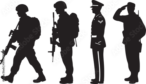 Military soldier silhouettes set with infantry troops in combat gear and officer in uniform saluting.