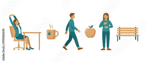 Healthy lifestyle habits icons set, work life balance routine, person stretching, walking, mindful eating and relaxation on a park bench, flat vector illustration isolated on white background concept.