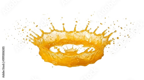 Fresh Orange Juice Splash Crown with Flying Droplets, Ultra Realistic Liquid Motion, Wide Banner Composition on White Background