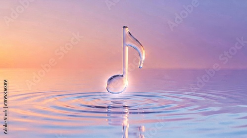 Glass Music Note Floating on Calm Water at Sunset