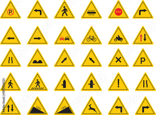 Collection of yellow warning road signs safety symbols for traffic and pedestrian alerts vector icons for navigation and information