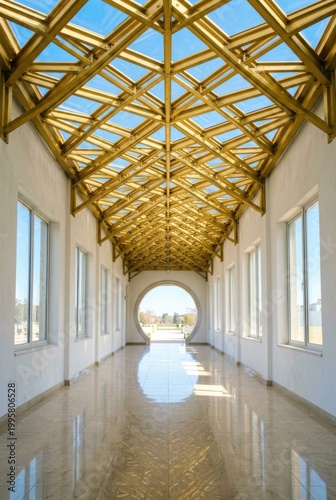 Long Corridor with Golden Metal Roof and Reflective Tiled Floor