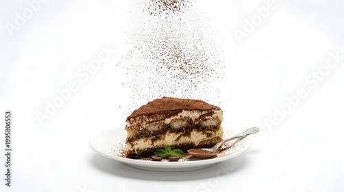 Elegant Tiramisu Slice with Cocoa Powder Dust Falling, Minimal Plating on White Background