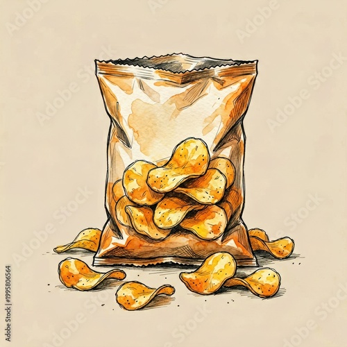 Open Bag of Potato Chips with Scattered Snacks on Beige Background