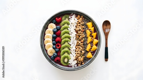 Vegan Smoothie Bowl with Colorful Toppings, Top View, Clean Minimal Food Styling on White Background