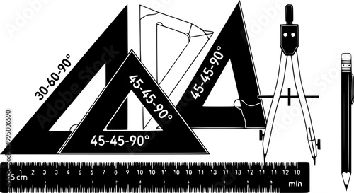 Set of geometric drawing tools: triangles, ruler, compasses for precision design
