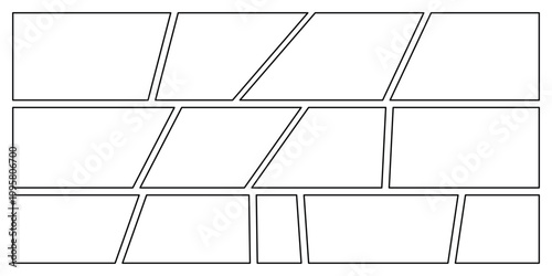 Dynamic Comic Strip Layout, Action Panel Template for Visual Storytelling and Creative Illustration, Graphic Novel Page Design, Manga Frame Set against White, Sequential Art Composition, Comic Book Mo