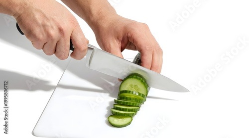 Close Up Hands Cutting Fresh Cucumber with Stainless Steel Knife, Isolated on White Background, Clean Commercial Food Photography