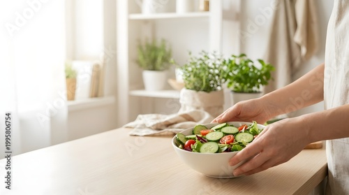 Hands Preparing Fresh Salad with Cucumber and Tomato, Natural Morning Light, Clean Eating Wellness Lifestyle with Copy Space