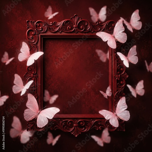 Pink Butterflies Fluttering Around Ornate Red Picture Frame