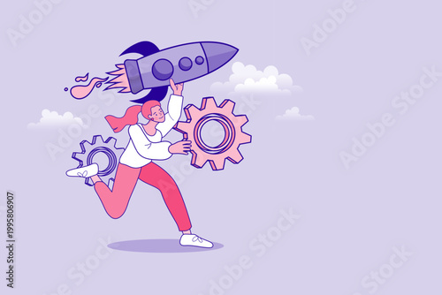 Businesswoman carrying rocket and running with gears representing startup momentum innovation drive business acceleration and female leadership success concept