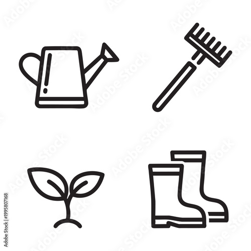Gardening Bold Line Art set with Water Can Rake Sprout Boots