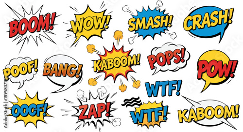 Comic book explosion sound effects, colorful speech bubbles, cartoon boom words