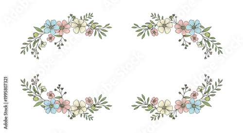Pastel Floral Corner Decorations, Hand Drawn Style, Elegant Botanical Elements