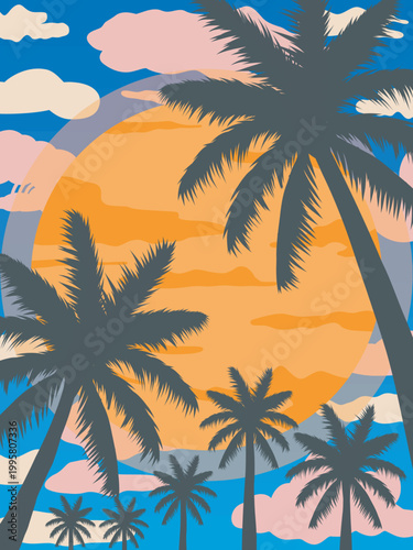 Palm trees on the background of the sunset illustration.