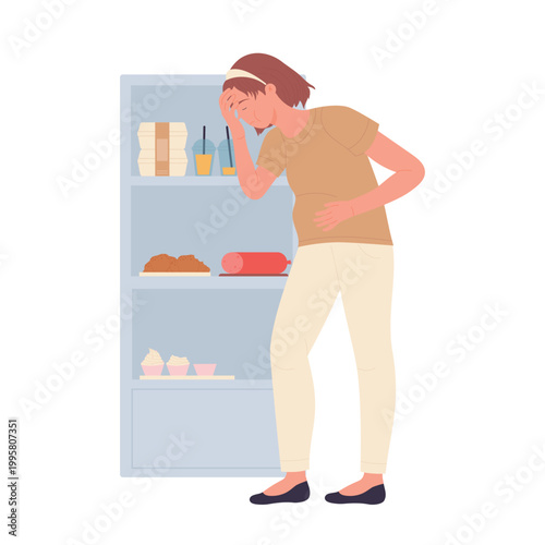 Bulimia disease eating disorder. Psychiatric mental problems cartoon vector illustration