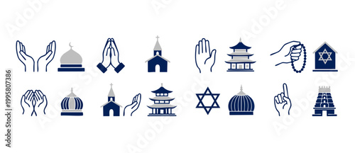 Religion and Prayer Icons Set, Spiritual Symbols and Religious Buildings Collection, Church Mosque Temple Synagogue Elements for Diverse Faith Representation, Flat Vector Graphics for Web and Design P
