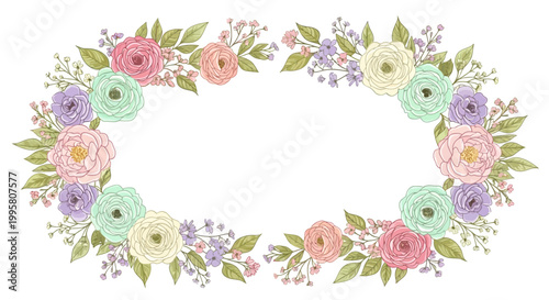 Pastel Floral Oval Frame with Delicate Flowers and Leaves