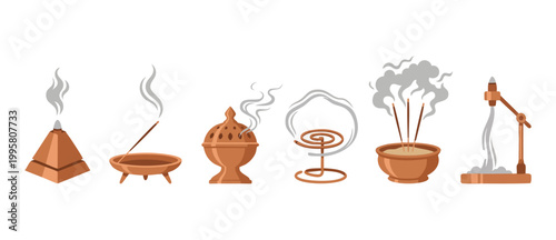 Incense sticks and burner set, aromatic smoke collection in flat vector illustration. Collection of various traditional incense holders, cones, spirals, and sticks for yoga, meditation, and zen relaxa