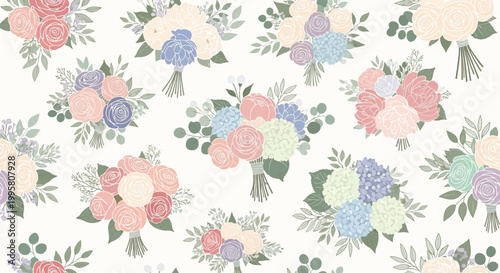 Pastel Floral Bouquets Seamless Pattern, Romantic Wedding Flower Design