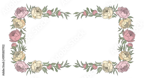 Pastel Floral Rectangle Frame with Peonies and Green Leaves