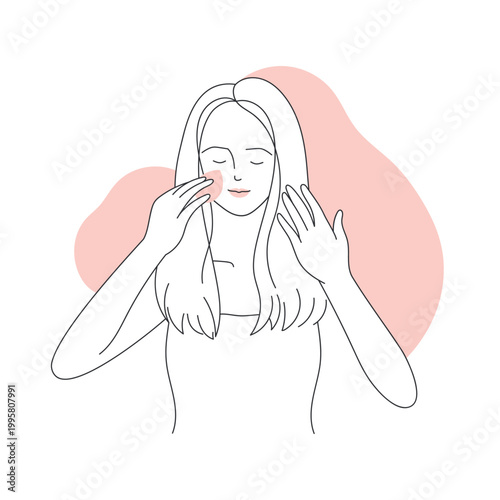 Girl applying makeup primer. Professional makeup guide, foundation cream line vector illustration
