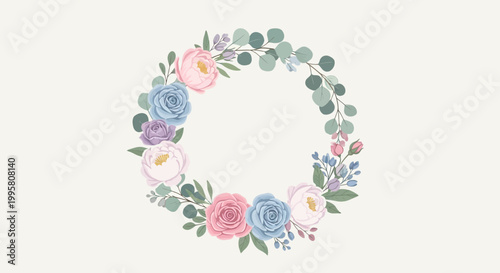 Pastel Flower Wreath with Eucalyptus Leaves - Delicate Floral Frame