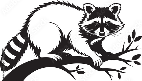 Raccoon perched on tree branch, cute nocturnal animal, bandit mask face, striped tail, forest creature.
