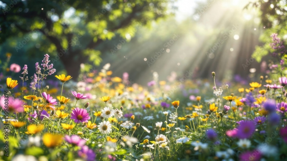 Fototapeta premium Wildflower meadow bathed in dappled sunlight under trees