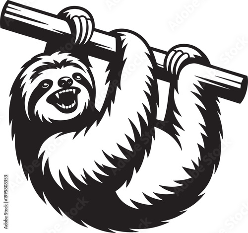 Black silhouette of a happy sloth hanging from a branch, grinning widely, funny mammal on transparent background.