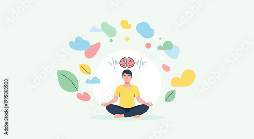 Person meditating, brain activity, mind calm, mental health, thoughts, creativity, balance
