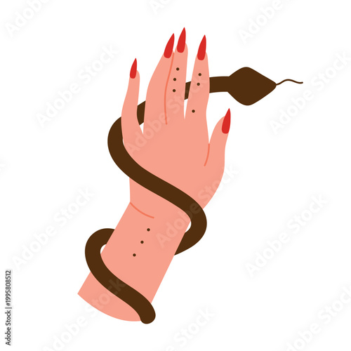 Witch hand with snake. Magical ritual, fortune teller occult, witchcraft inventory cartoon vector illustration