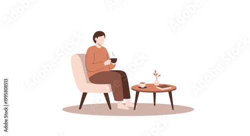 Person Relaxing with Coffee in Armchair, Flat Design Illustration